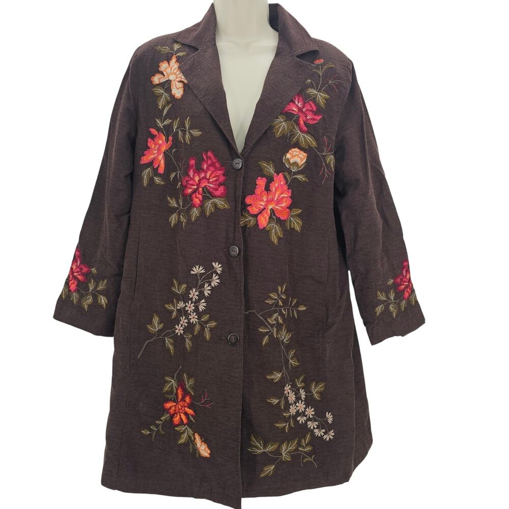 Vintage Dress Barn Womans size 1X Floral Embroidered 100% Silk Pea Coat Brown